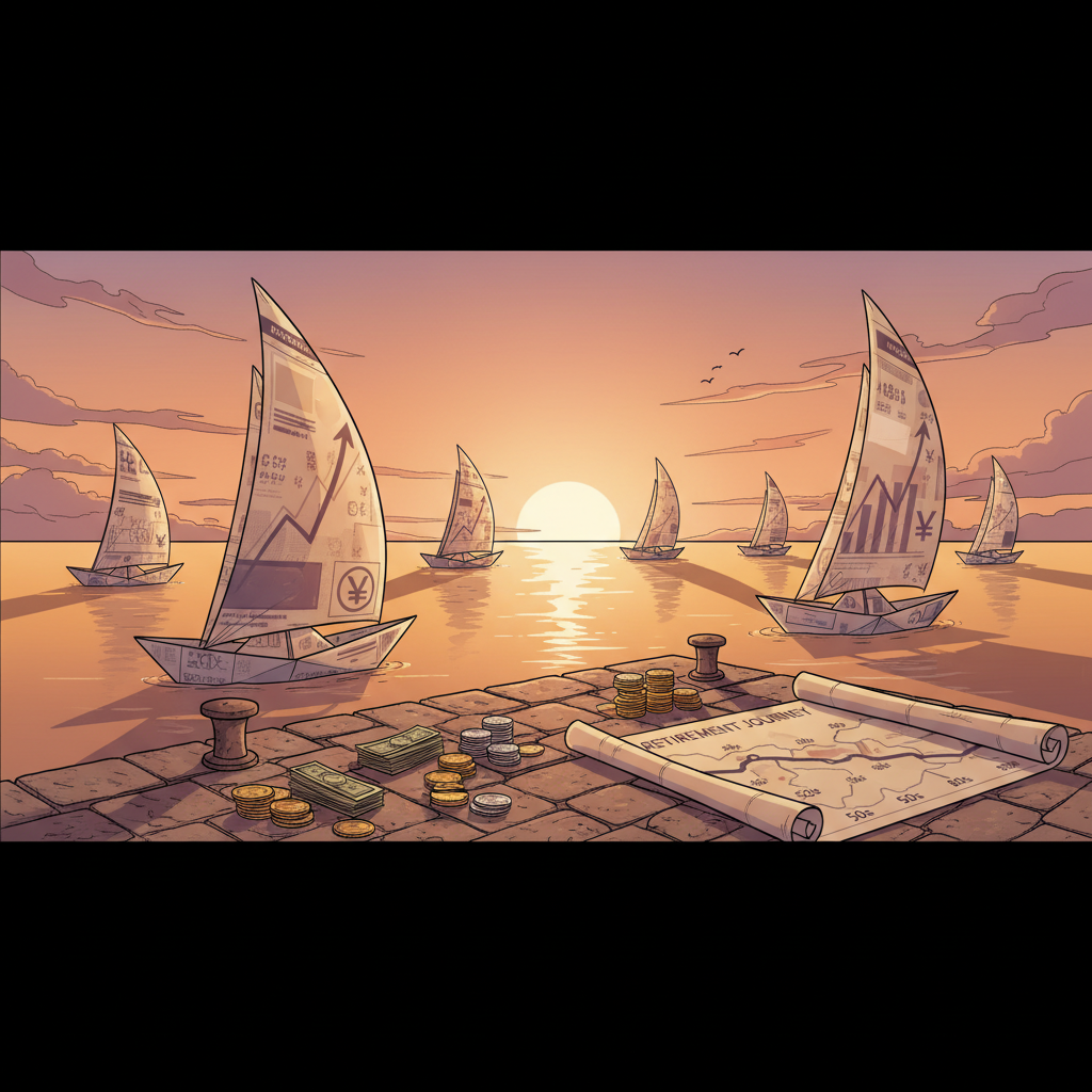 A panoramic comicbook-style scene of a tranquil harbor at sunset where sleek, stylized sailboats made of folded financial documents and bank passbooks glide across calm, golden water. Each sailboat has printed graphs and yen signs on its sails, subtly glowing in the soft orange and pink sky. In the foreground, a solid stone pier is covered with neatly arranged coins, bonds, and a clear roadmap labeled with decades from 50s to 80s. The warm, low-angle sunlight casts elongated shadows and a serene, forward-looking mood. Captured from a slightly elevated, wide-angle perspective with crisp outlines, the image symbolizes a stable, well-planned journey toward retirement.